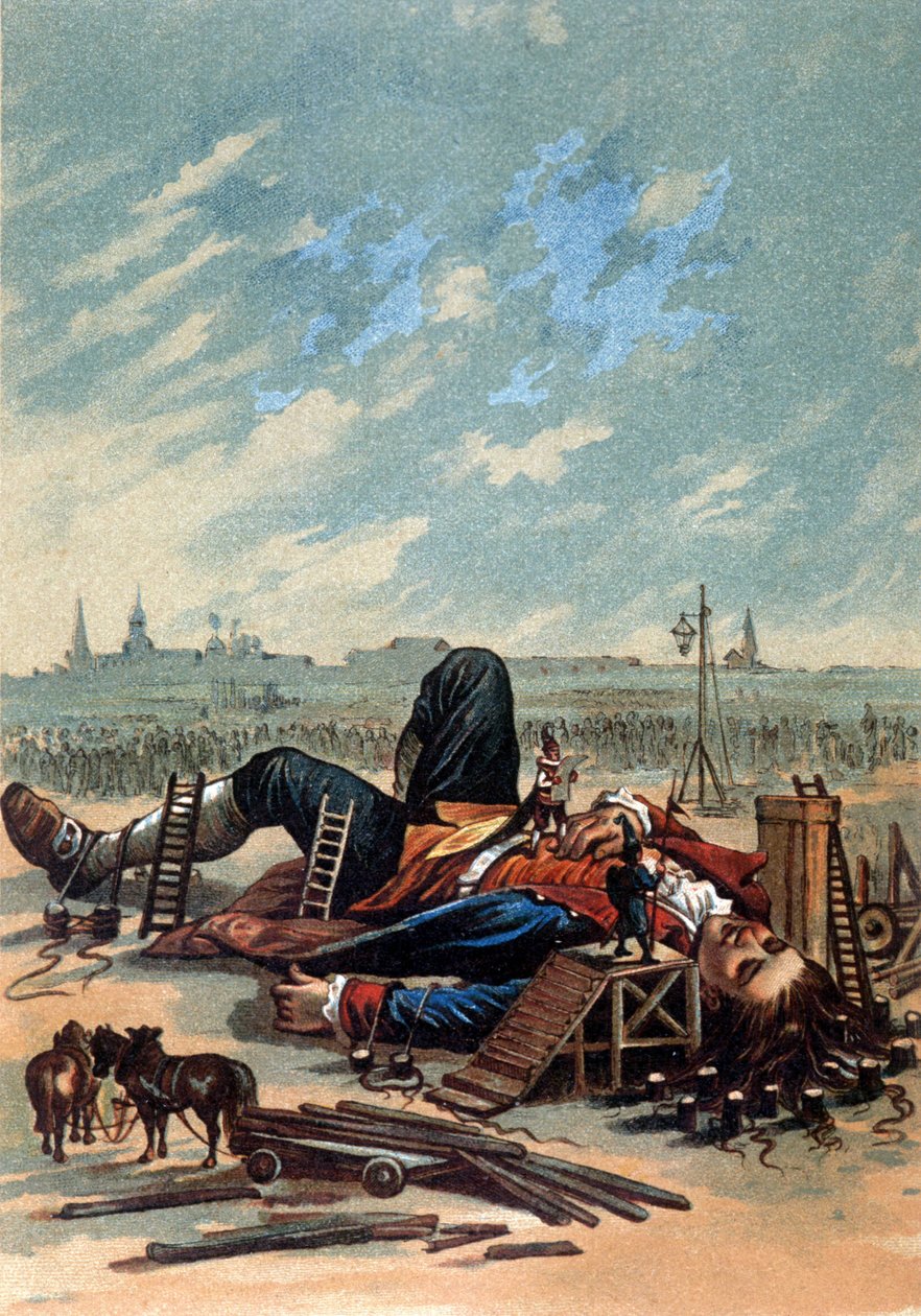 Illustration zeigt Lilliputaner, die Gulliver angreifen. Chromolithographie, Ende des 19. Jahrhunderts von Unknown artist