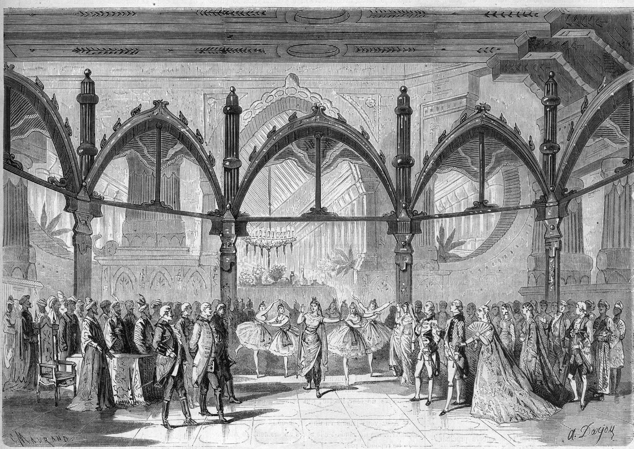 Imperial Theatre der Komischen Oper: Szene IV, Akt II der Oper „Der erste Tag des Glücks“ von Daniel François Esprit Auber (1782-1871). Gravur in „The Illustrious Universe“ von Unknown artist