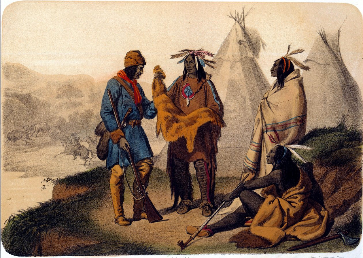 Indianer Amerikas: Ein Fallensteller handelt mit Rothäuten, sie tauschen Käferhäute, einer der Indianer raucht eine Pfeife. Lithographie aus dem 19. Jahrhundert von Unknown artist