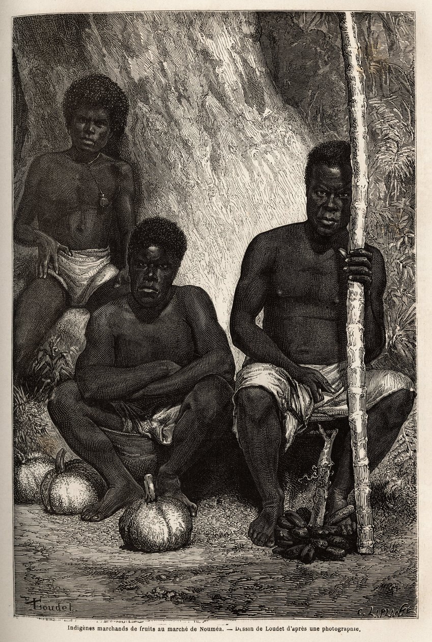 Einheimischer Obstverkäufer, auf dem Markt von Noumea (Neukaledonien). Gravur zur Illustration der Reise nach Neukaledonien von 1863 bis 1866, von Jules Garnier, Bergbauingenieur, in „Le tour du monde, nouveau journal des voyages“ veröffentlicht unter der  von Unknown artist