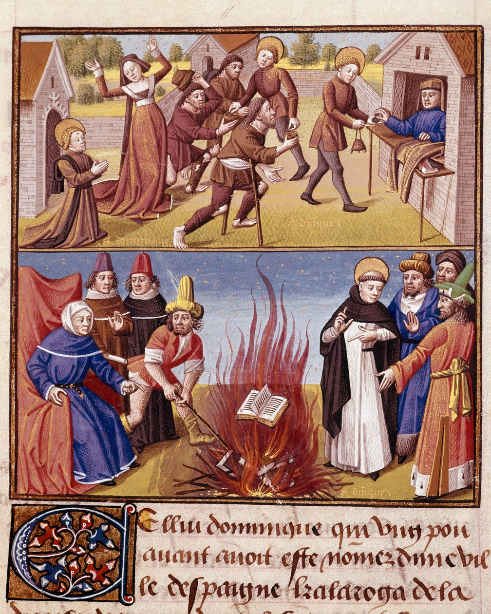 Inquisition: Autodafé unter Vorsitz von Saint Dominique de Guzman (1170-1221), Gründer des Dominikanerordens. Miniatur in „Le miroir historial“ (Speculum Historiale) (ms. 1196, fol. 372) von Unknown artist