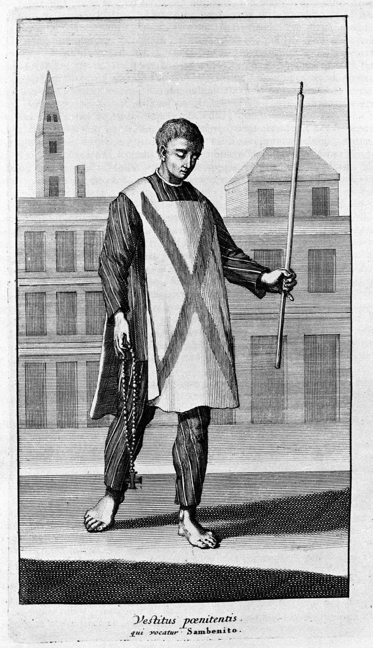 Inquisition. Kleidung von San Benito für die Prozession des Autodafé. Gravur aus „Geschichte der Inquisition“, Amsterdam 1692. von Unknown artist