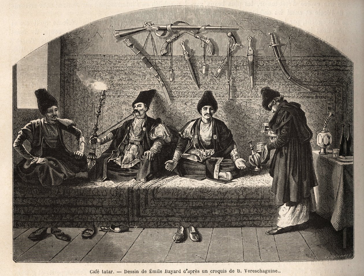 In einem tatarischen Café in Schoucha (Transkaukasien, Russland), wo Männer sich treffen, um Tee zu trinken und Shisha zu rauchen. Gravur zur Illustration der Reise in die Provinzen des Kaukasus, von Basile Vereschaguine, 1864-1865, veröffentlicht in „Le T von Unknown artist