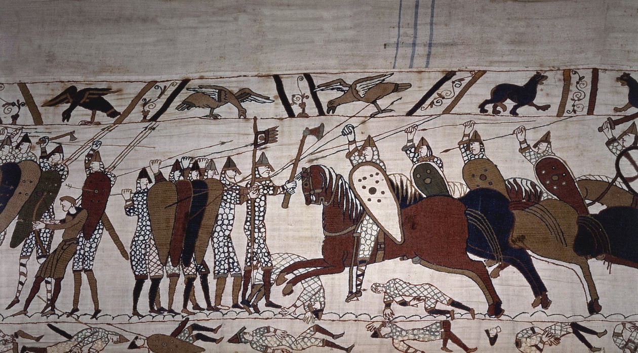 Intendant Wadard (zu Pferd) und die Männer der Truppe von Guillaume - Teppich von Bayeux, bekannt als Stickerei der Königin Mathilde von Unknown artist
