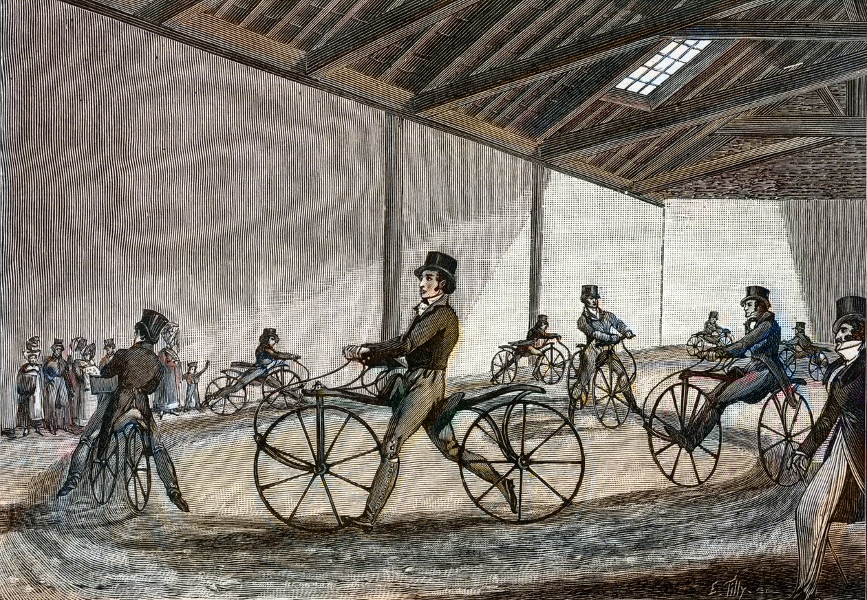 Innere Ansicht des Reitplatzes für Steckenpferde. Mann fährt Fahrräder (pedalfreie Fahrräder, erfunden von Baron Karl Drais). von Unknown artist