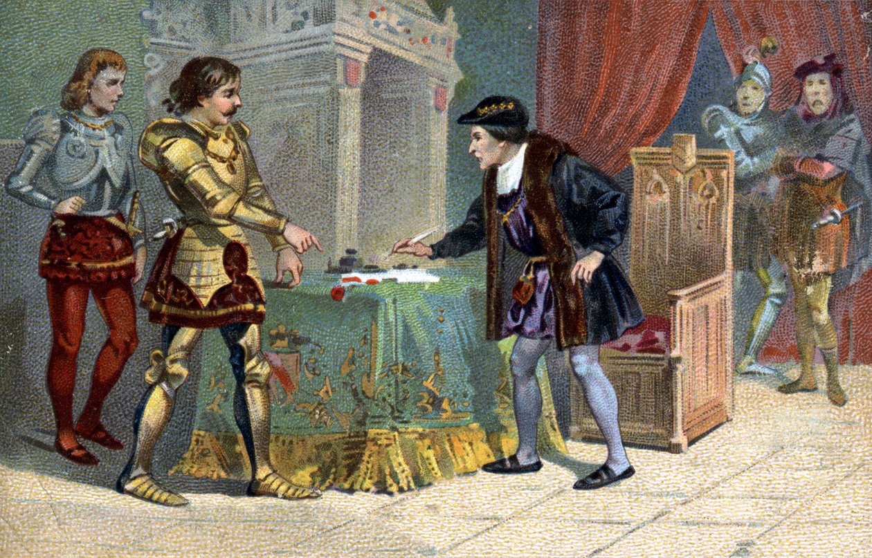 Interview von Ludwig XI. (1423-1483), König von Frankreich, und Karl dem Kühnen, Herzog von Burgund, in Péronne im Oktober 1468. Liebig-Chromolithographie des 19. Jahrhunderts von Unknown artist