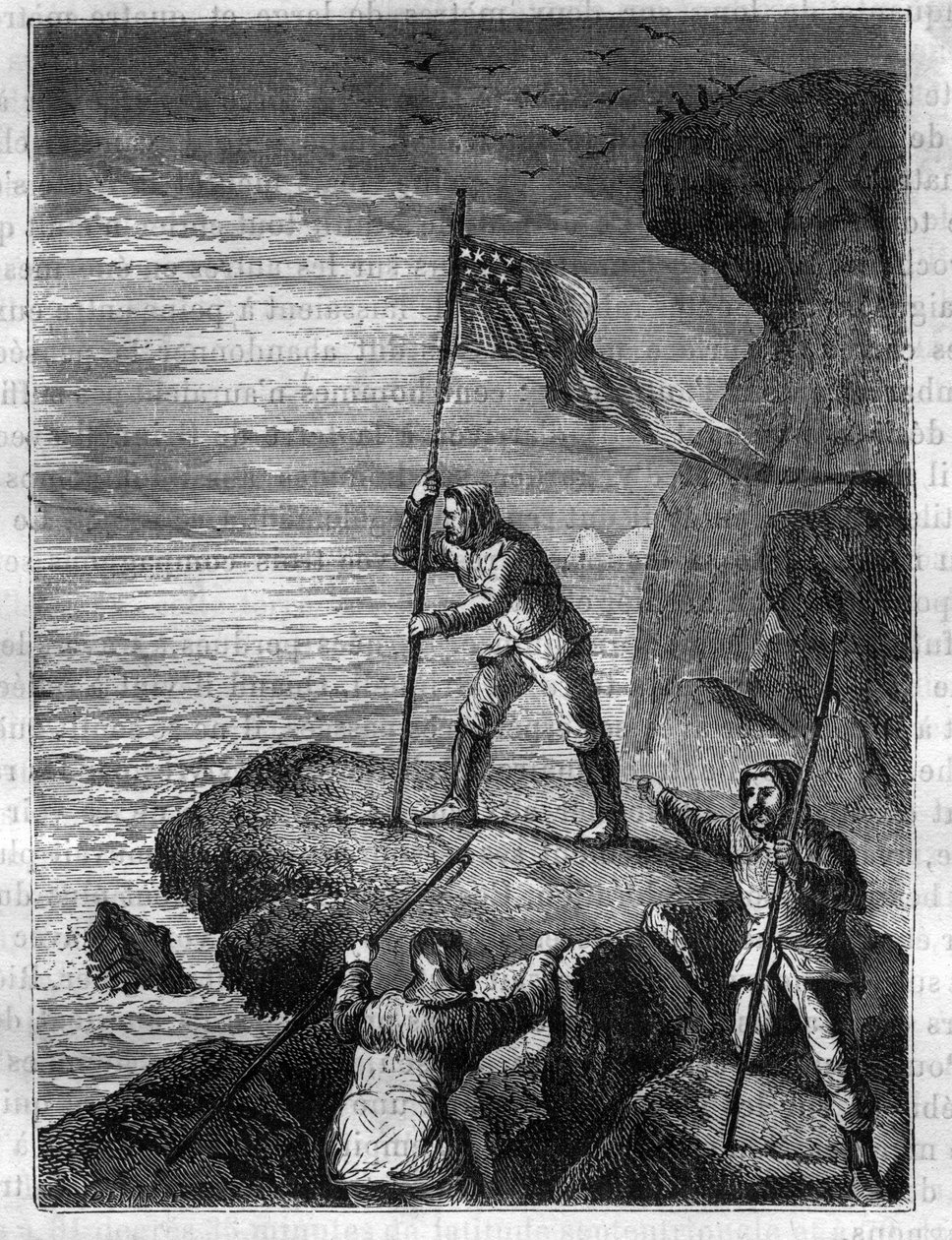 Isaac Israel Hayes (1832-1881), amerikanischer Arktisforscher, pflanzt die Nationalflagge der USA an den Ufern des Arktischen Ozeans während seiner Expedition zur Suche nach dem vermeintlichen Offenen Polarmeer - Isaac Israel Hayes (1832-1881) trägt die am von Unknown artist