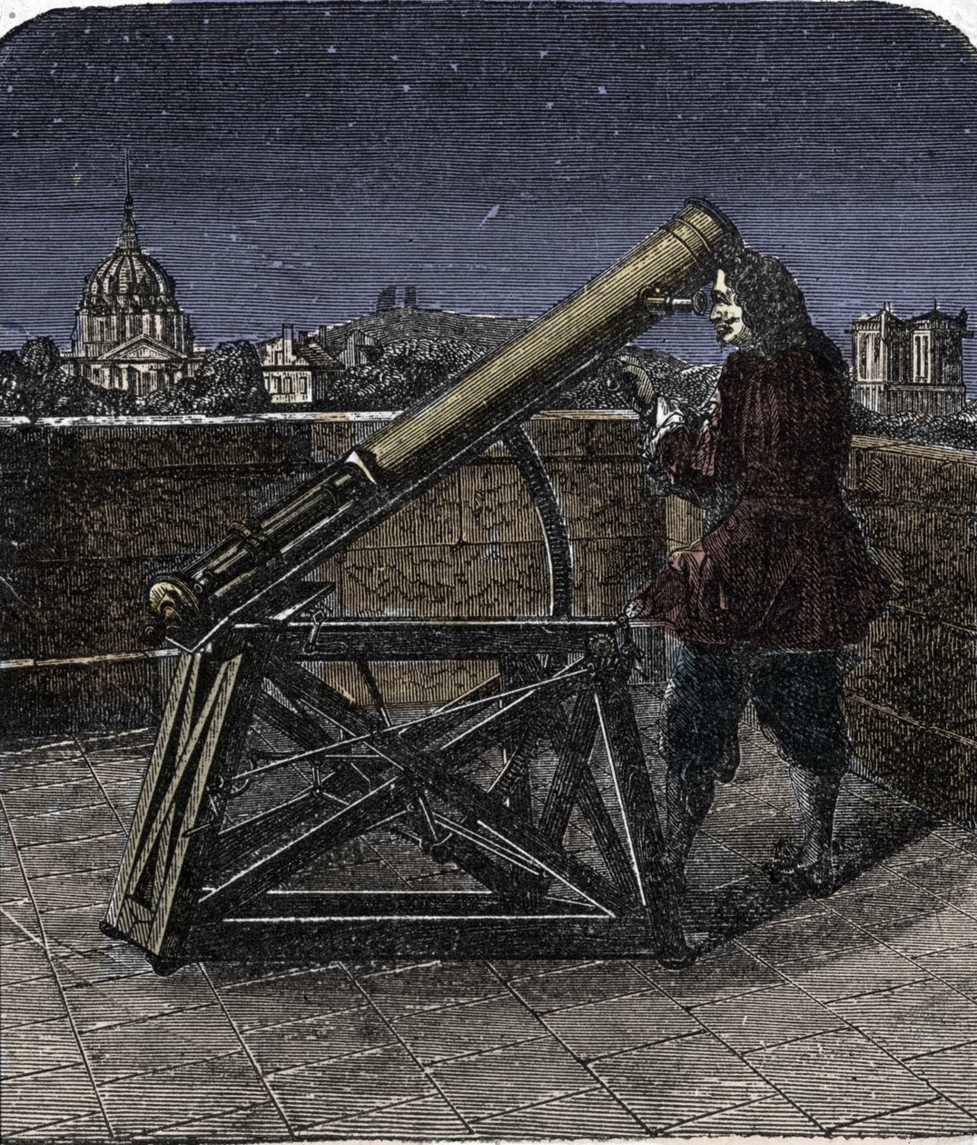 Isaac Newton (1642-1727), englischer Physiker, benutzt sein Teleskop. von Unknown artist