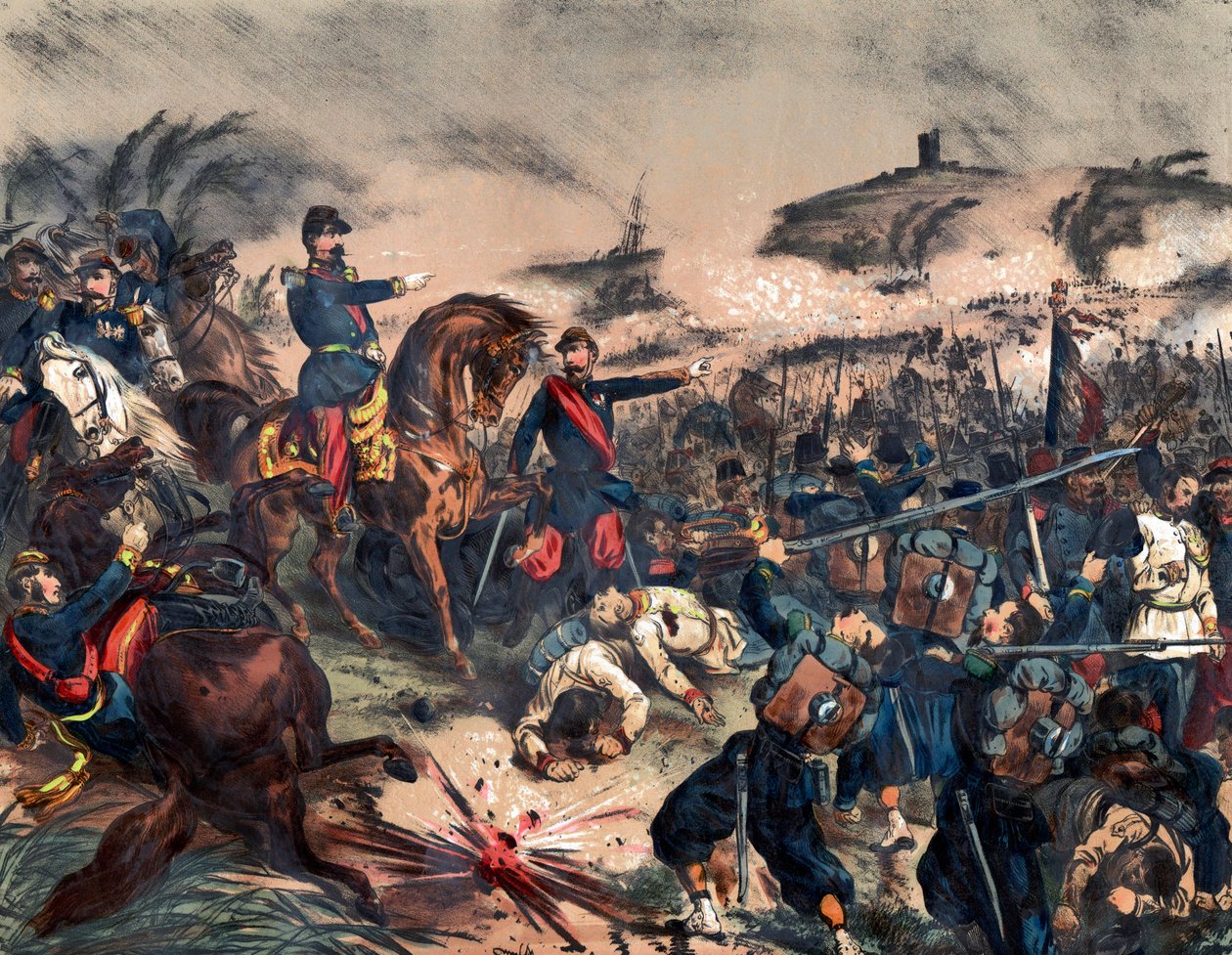 Italienfeldzug von 1859 oder Zweiter Italienischer Unabhängigkeitskrieg: Napoleon III. (1808-1873) in der Schlacht von Solferino, 24. Juni von Unknown artist