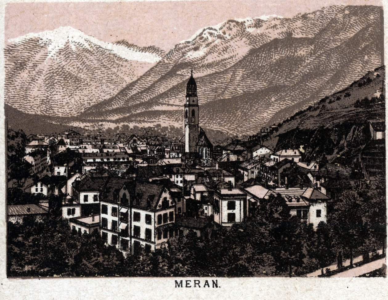 Italienisches Tirol: Blick auf die Stadt Meran. Aus „Die Welt illustriert 168 Ansichten“ (Ende 19. Jahrhundert) von Unknown artist