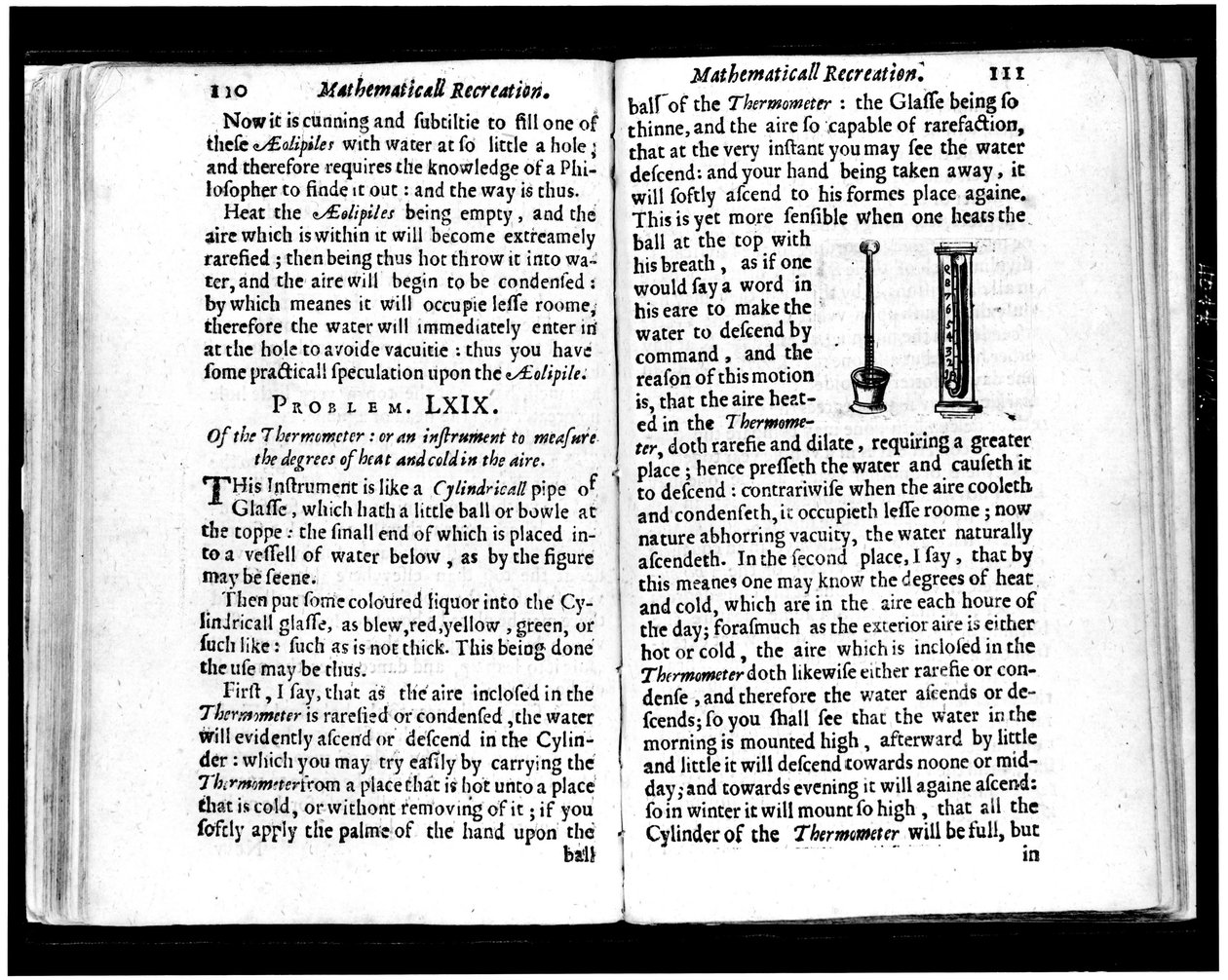 Italienische und niederländische Thermometer. Seiten aus „Mathematische Erholungen“ von Jean Leurechon (1591-1670) 1653 von Unknown artist