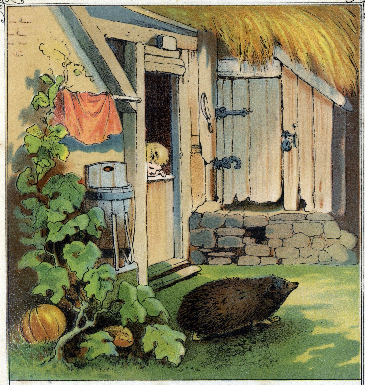 Jacques beobachtet einen Igel, der den Hof seines Hauses überquert. Chromolithographie aus „Szenen enfantines“, ed. Guerin - Muller um 1885 von Unknown artist