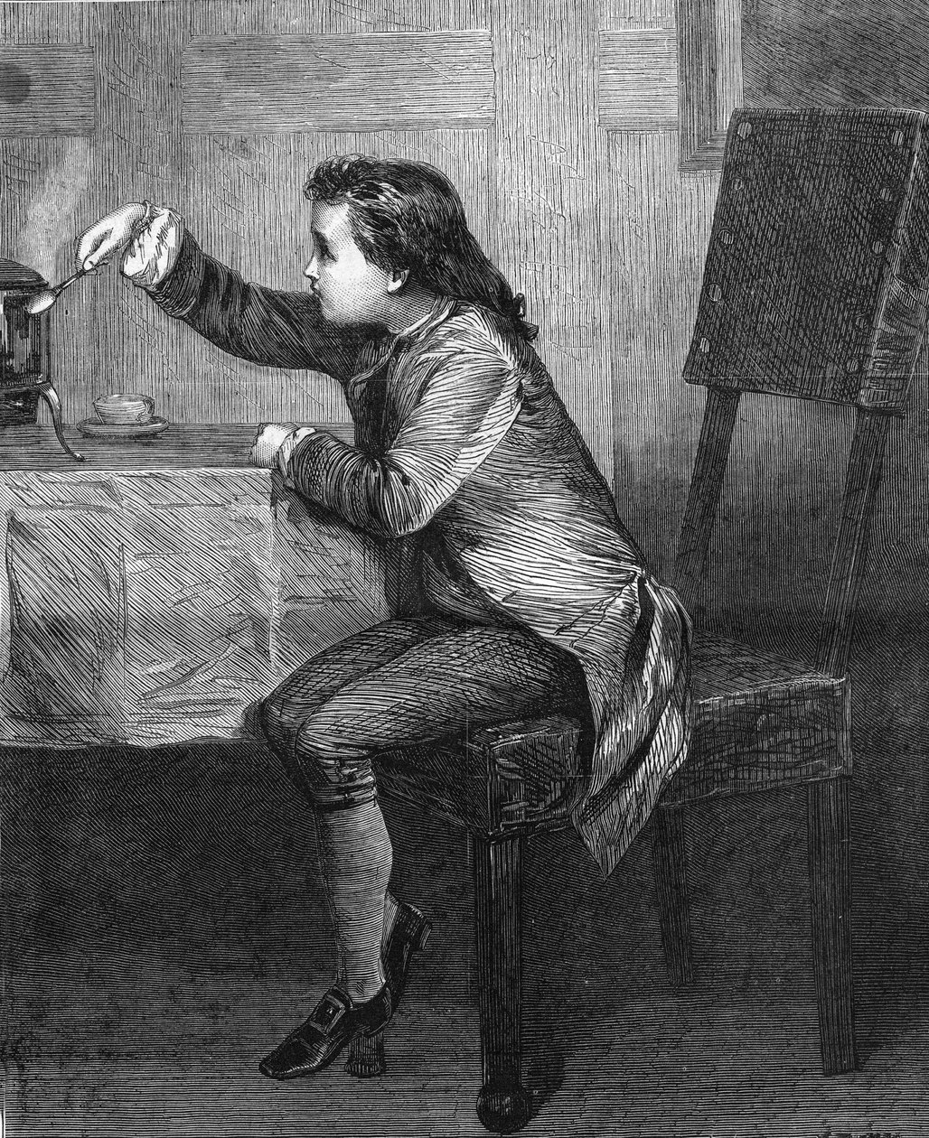 James Watt (1736-1819) als Kind entdeckt die Gesetze des Dampfes. Gravur von 1868 nach dem Gemälde von Marcus Stone. von Unknown artist