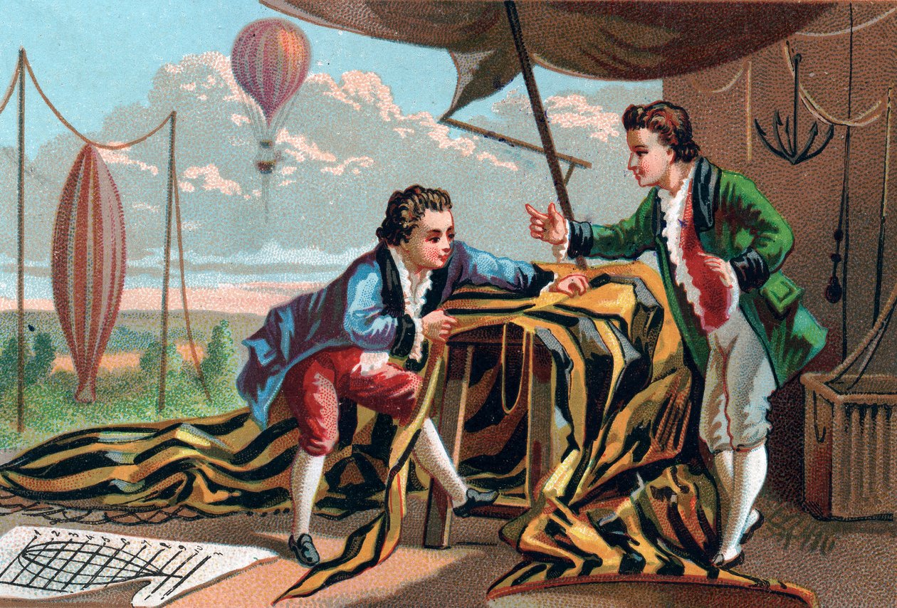 Joseph (1740-1810) und Etienne (1745-1799) de Montgolfier (Brüder) erfanden 1783 Aerostaten. Späte Chromolithographie des 19. Jahrhunderts. von Unknown artist