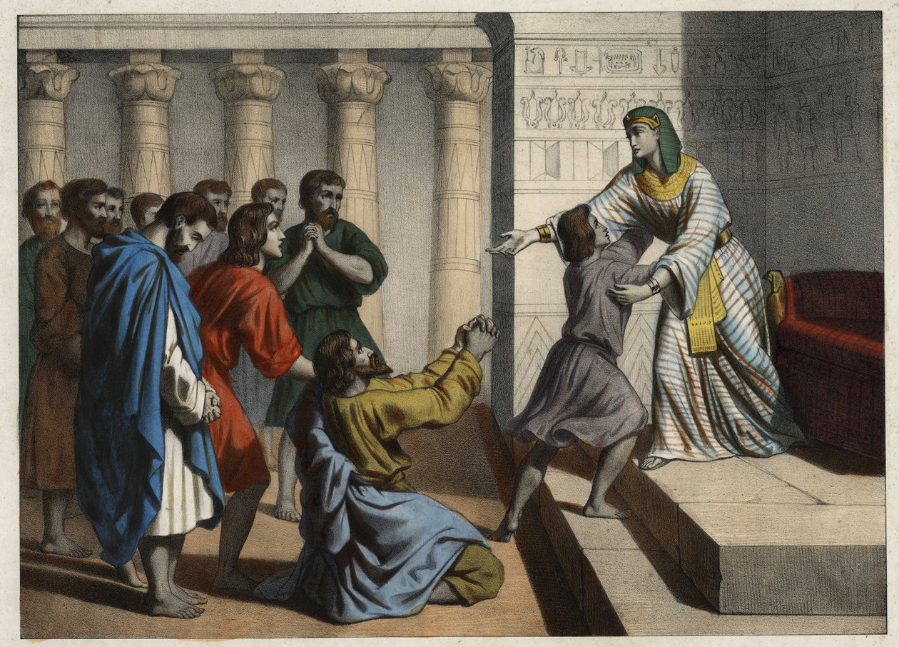 Joseph der Patriarch, zum Wesir von Ägypten ernannt, wird von seinen Brüdern erkannt, die ihn für tot hielten und um Vergebung bitten. Anonyme Gravur des 19. Jahrhunderts von Unknown artist