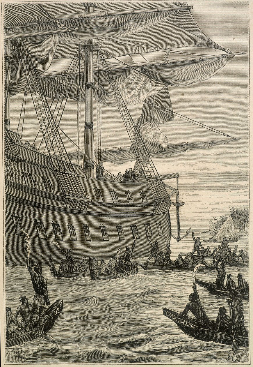 Reise von Samuel Wallis (1728-1795) nach Polynesien: Eingeborene halten Bananenzweige als Willkommensgruß - Illustration aus „Die großen Seefahrer des 18. Jahrhunderts“ von Unknown artist