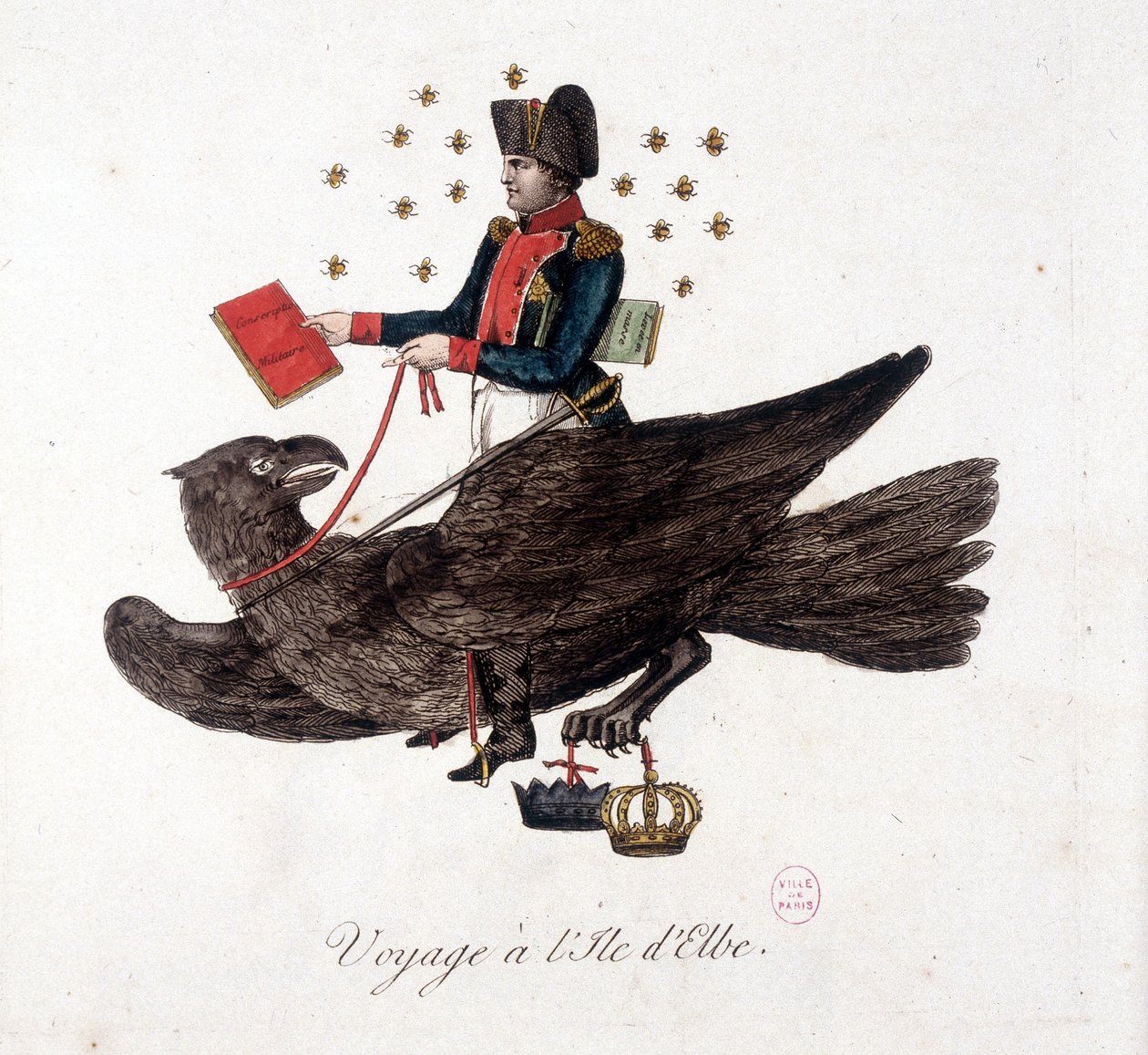 Reise zur Insel Elba: Napoleon reitet auf einem Adler und hält die Bücher der Militärdienstpflicht und Massenhebung von Soldaten - in „Napoleon I., Karikaturen, Dummysammlung“, ca. 1814 von Unknown artist