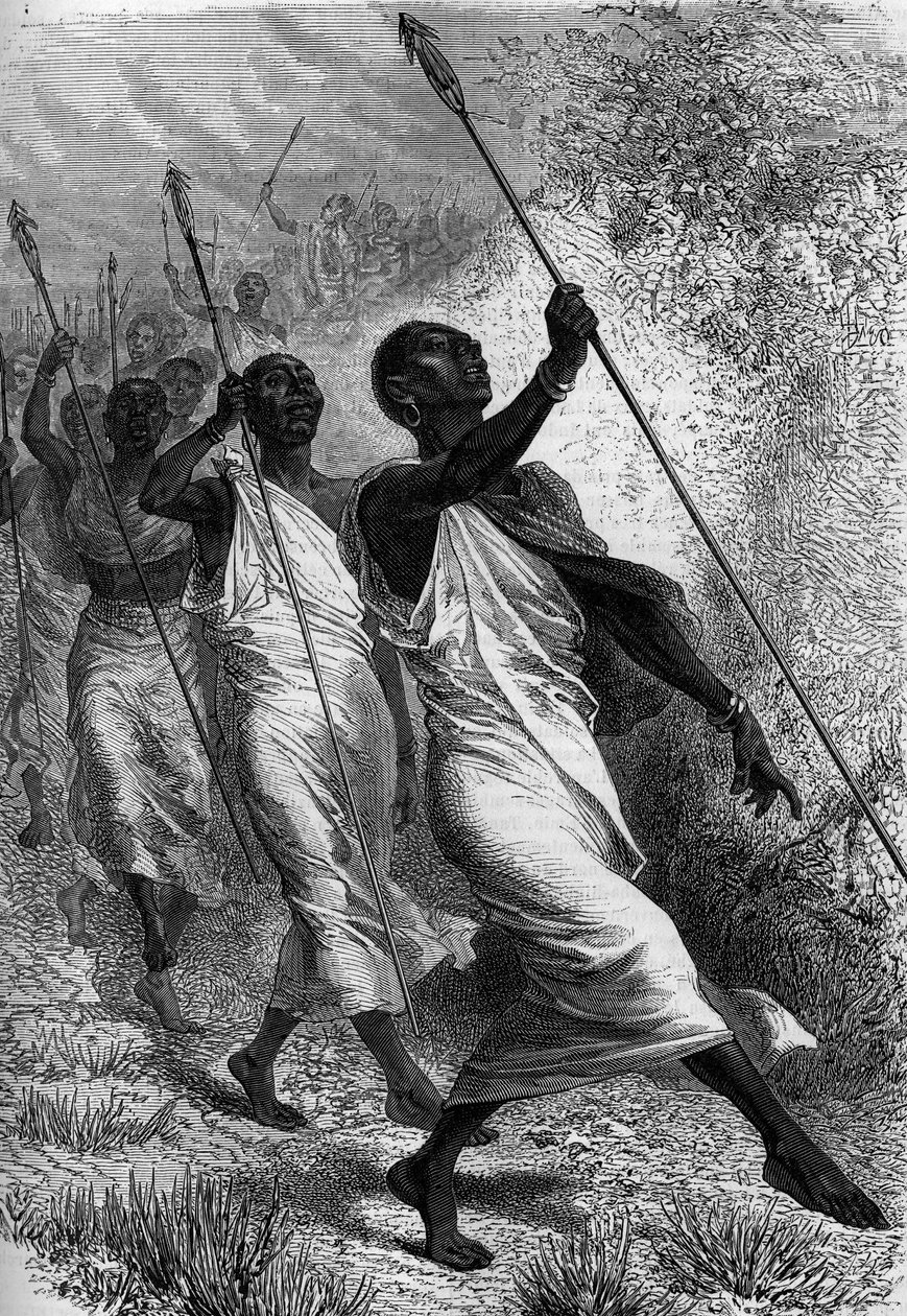 Kabba Righe (Kabba-Righe), König von Ounyoro (in Afrika), und sein Gefolge. Gravur in „Le Journal de la jeunesse“ von Unknown artist