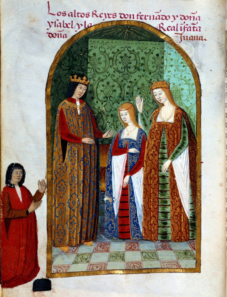 König Ferdinand II., König von Aragon und Sizilien (1452 - 1516), Johanna, Königin von Kastilien (1479 - 1555) und Isabella I. von Kastilien (genannt die Katholische), Königin von Spanien (1451 - 1504). Miniatur in „Devocionario de la Reyna Da Juana a Quie von Unknown artist