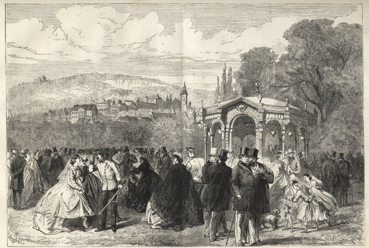 Konversationshaus - Baden-Baden, Deutschland - Der Spaziergang vor dem Konversationshaus - Gesamtansicht von Baden-Baden aus den Gärten des Konversationshauses - 1867 von Unknown artist