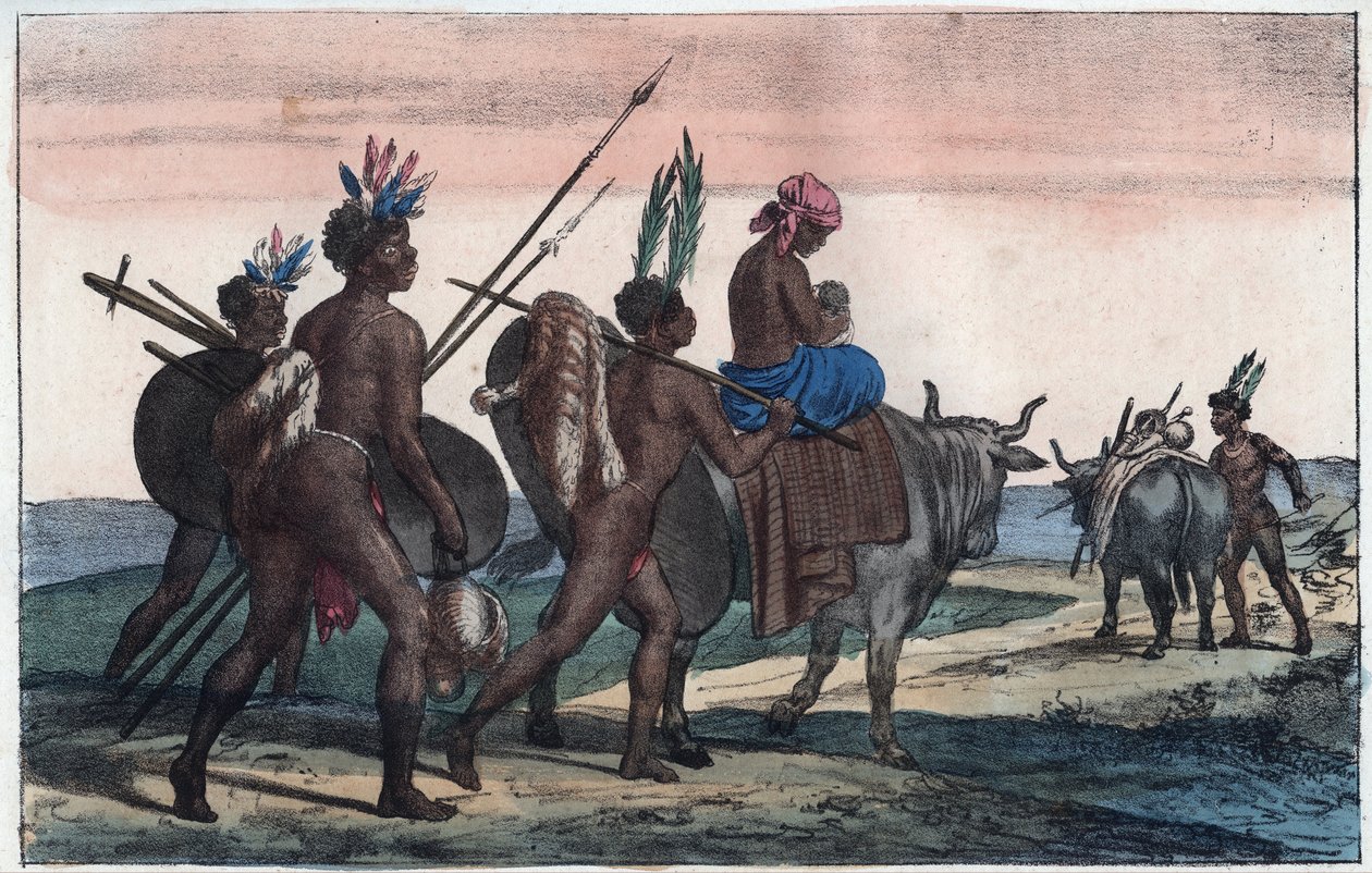 Korah-Hottentotten vom Kap auf dem Weg - Gravur aus „Usi e Costumi di Tutti i Popoli dell