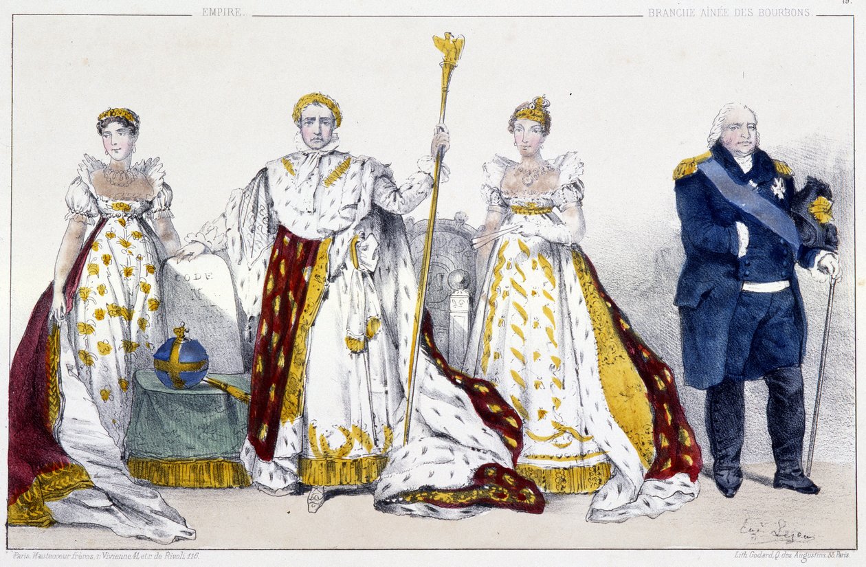 Das Kaiserreich und die Bourbonen: Josephine de Beauharnais (1763-1814) und Napoleon I. Bonaparte (1769-1821), Marie Josephine von Savoyen (1753-1810) und Ludwig XVIII. genannt Der Begehrte (1755-1824) - Tafel aus „Könige und Königinnen von Frankreich in S von Unknown artist