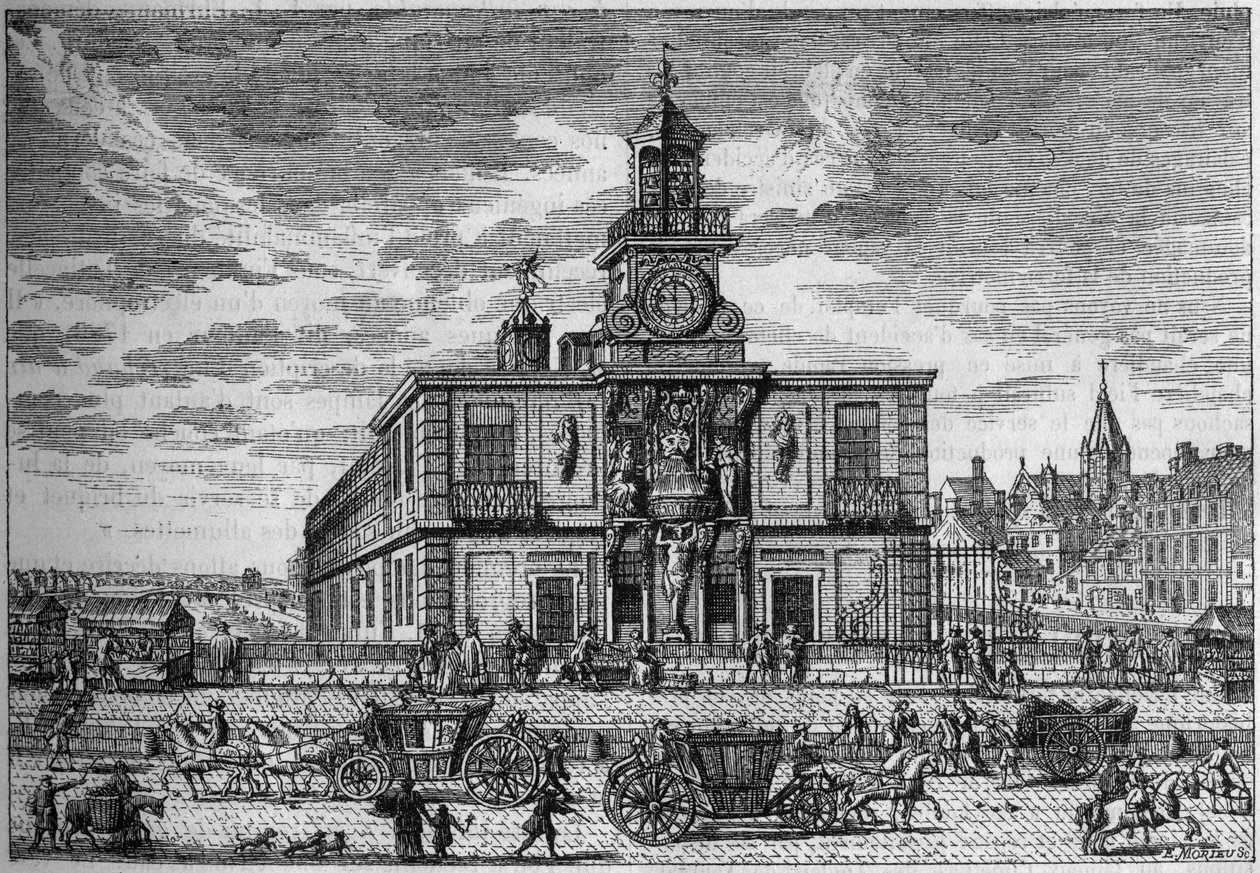 La Samaritaine, Wasserpumpe auf der Pont Neuf, Gravur aus dem 17. Jahrhundert. Gravur in „La Nature. Revue des sciences et de ses applications aux arts et à l
