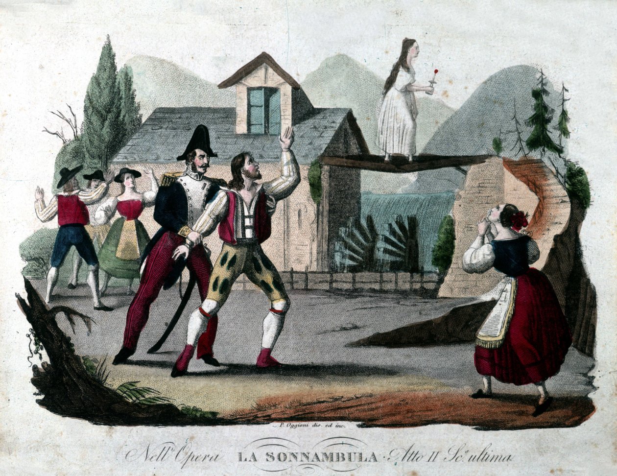 Letzte Szene des zweiten Akts von „La Sonnambula“ von Vincenzo Bellini. Gravur von 1835. von Unknown artist