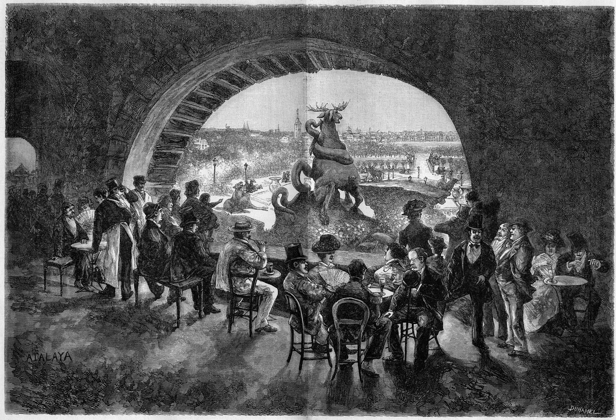 Unterhalb des Wasserfalls im Trocadero-Garten während der großen Hitze in Paris, wo sich die Pariser Spaziergänger im Schatten niederlassen. Gravur in „Le Monde Illustré“ von Unknown artist