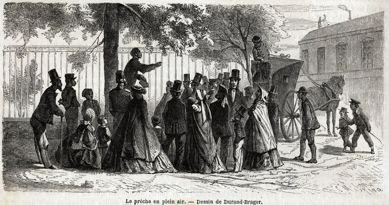Le preche en plein air, in London, Zeichnung von Durand Brager, zur ...