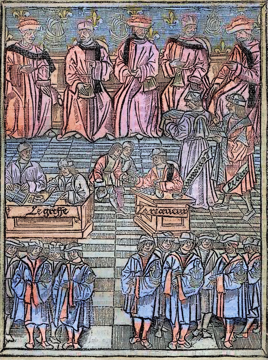 Le prévôt des marchands et les échevins de Paris au 16ème siècle, Kupferstich nach dem Original von 1528 - Provost der Kaufleute und Schöffen von Paris, Szene der Steuererhebung, Titelseite aus 