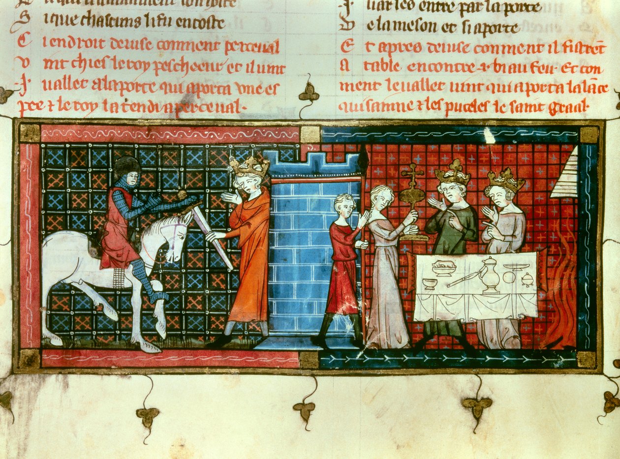 Links: Perceval erhält ein Schwert von König Pescheor. Rechts: Prozession des Heiligen Grals. Miniatur aus „Tale du Grail“ von Unknown artist
