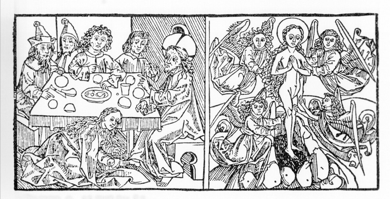 Links: Die heilige Maria Magdalena trocknet Jesu Füße mit ihrem Haar. Rechts: Die heilige Maria Magdalena steigt in den Himmel auf. Manuskript von 1488, gedruckt in Nürnberg. Gravur aus „Leben der Heiligen - sommerteil“ (Das Buch der Heiligen) von Jacobus  von Unknown artist