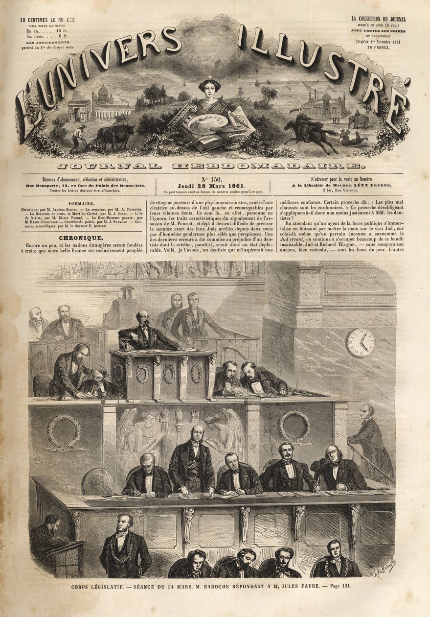 Legislativkörper - Sitzung vom 14. März 1861 - Pierre Jules Baroche (1802-1870) antwortet Jules Favre (1809-1880) - Das illustre Universum von 1861 von Unknown artist