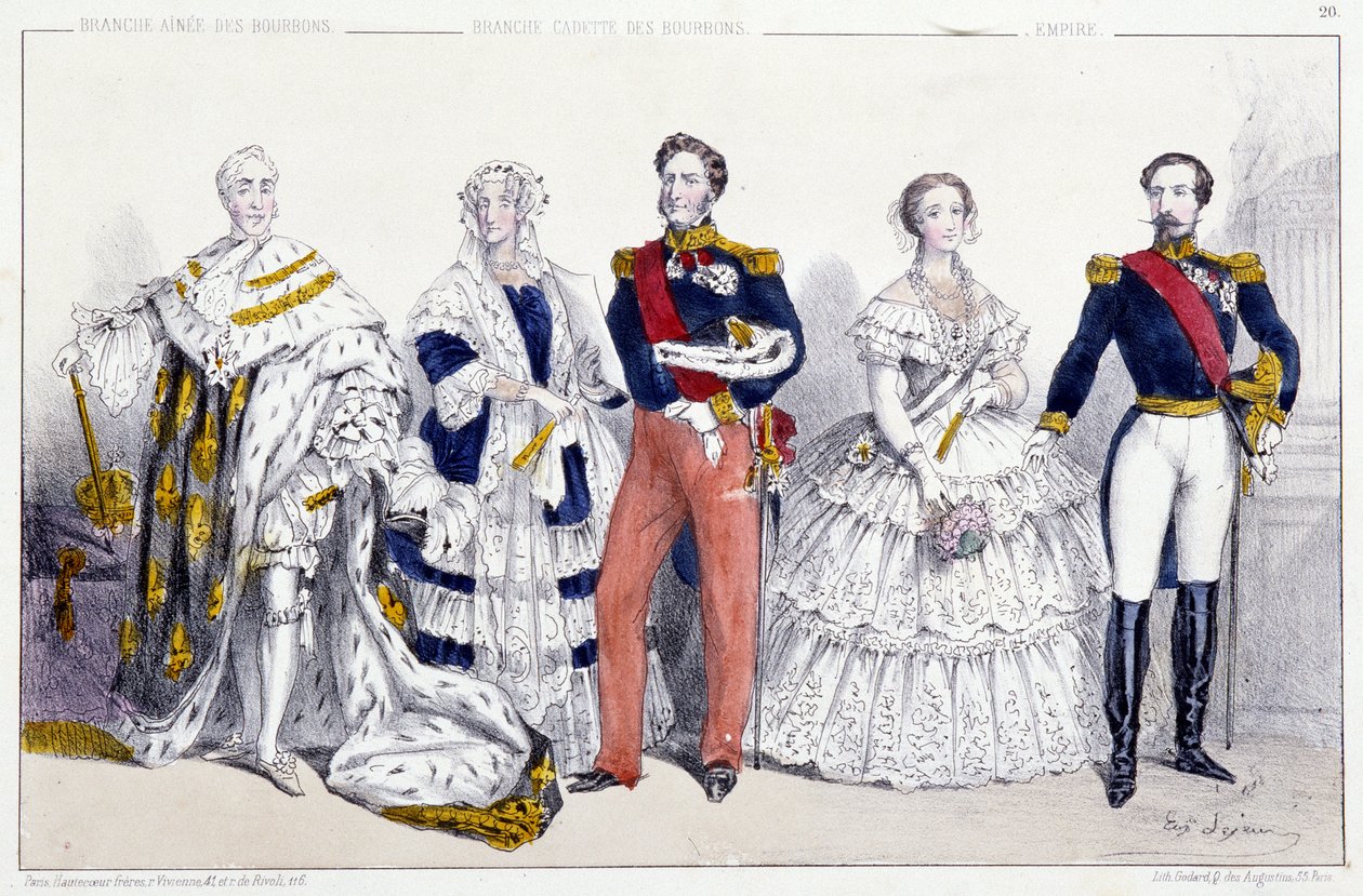 Die Bourbonen und das Empire: Karl X. (1757-1836), Marie Amelie de Bourbon Sizilien (1782-1866) und Louis Philippe I. (1773-1850), Eugenie de Montijo (1826-1920) Napoleon III. (1808-1873) - Platte aus Könige und Königinnen von Frankreich in Drucken, Paris, von Unknown artist