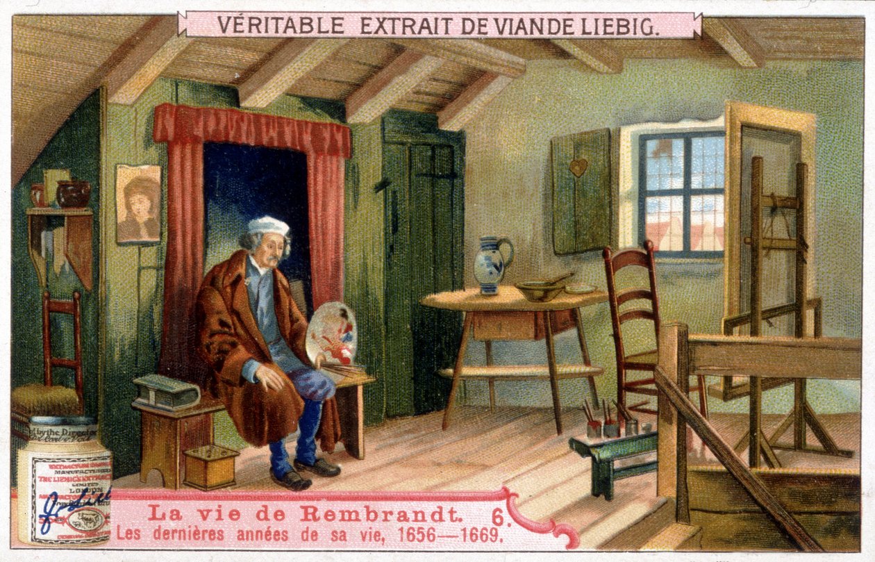 Liebig Chromolithographie über das Leben von Rembrandt (1606/1669), niederländischer Maler. Hier die letzten Jahre seines Lebens 1656-1669. von Unknown artist