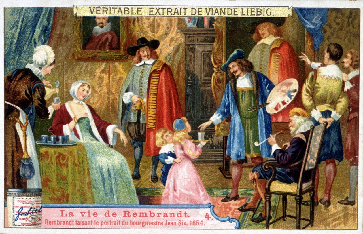 Liebig Chromolithographie über das Leben von Rembrandt (1606 - 1669), niederländischer Maler, hier porträtiert er Bürgermeister Jean Six im Jahr 1654. von Unknown artist