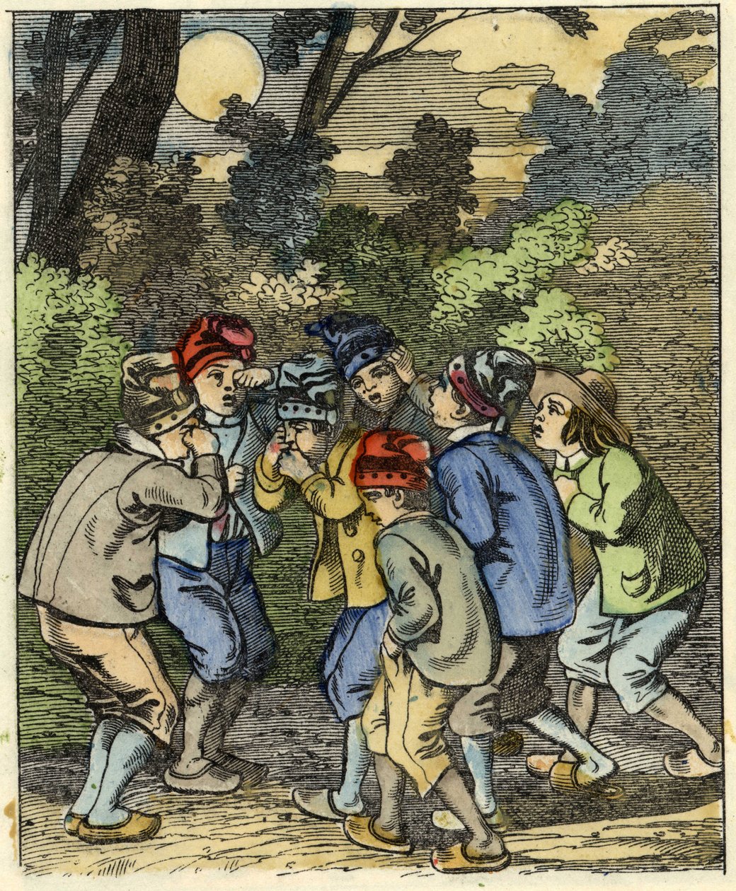 Der kleine Däumling und seine Brüder verirren sich im Wald. Illustration des Märchens „Der kleine Däumling“ von Charles Perrault von Unknown artist
