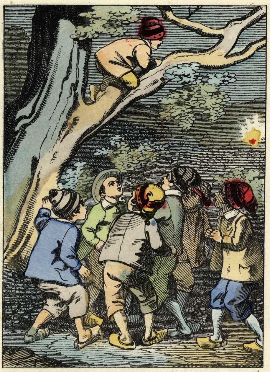 Der kleine Däumling klettert auf einen Baum und sucht seinen Weg. Er sammelt ein Licht im Wald. Illustration des Märchens „Der kleine Däumling“ von Charles Perrault. von Unknown artist