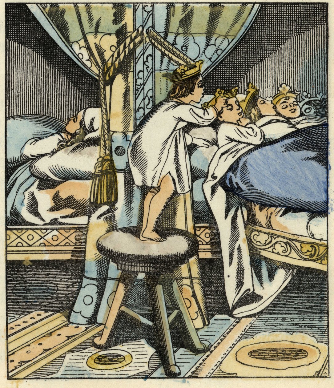 Der kleine Däumling setzt die Kronen der sieben Töchter des Ogers auf die Köpfe seiner Brüder. Illustration des Märchens „Der kleine Däumling“ von Charles Perrault von Unknown artist