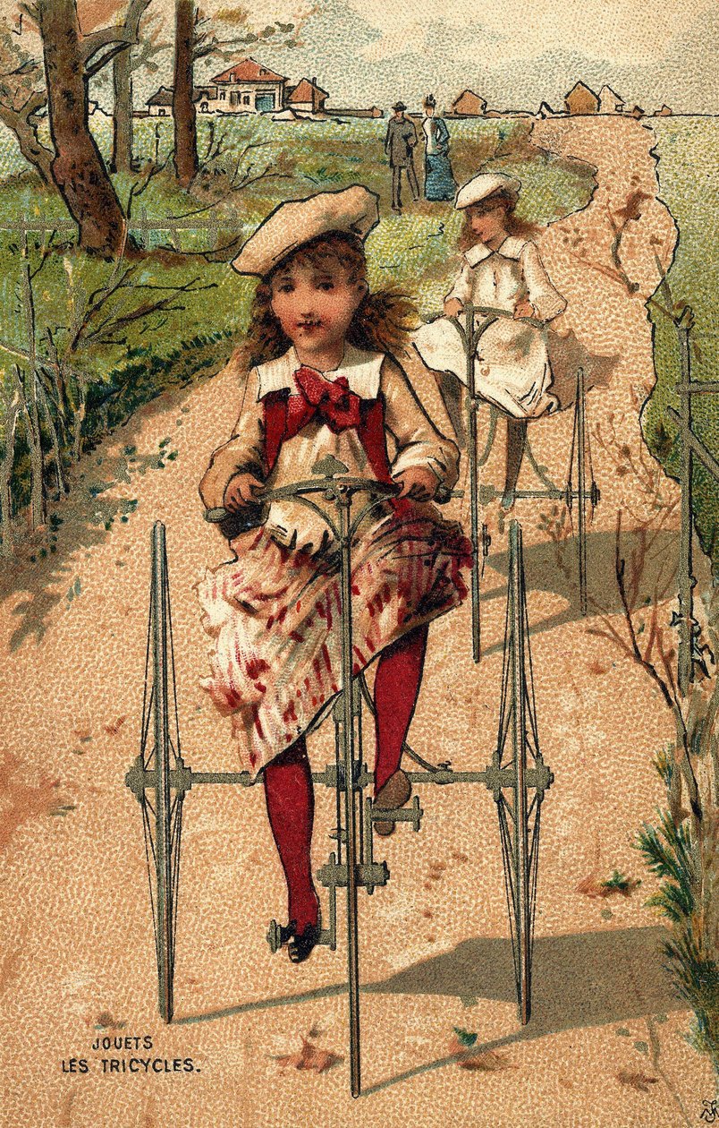 Kleine Mädchen fahren Dreirad. Chromolithographie um 1890 von Unknown artist