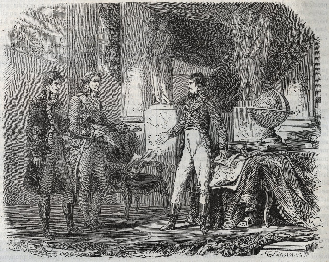 Lord Cornwallis (1738-1805) verhandelt den Vertrag von Amiens (1802) mit Napoleon Bonaparte (1769-1821) - der Frieden von Amiens, Frankreich - Vertrag unterzeichnet im März 1802, der die Revolutionskriege beendete von Unknown artist