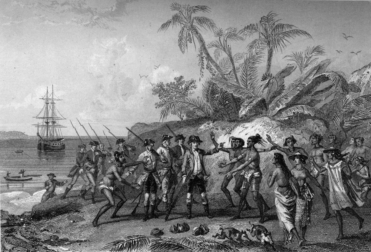 Louis Antoine Comte de Bougainville, französischer Seefahrer (1729-1811), nähert sich den Inseln der Marquesas in Tahiti, 6. April. von Unknown artist
