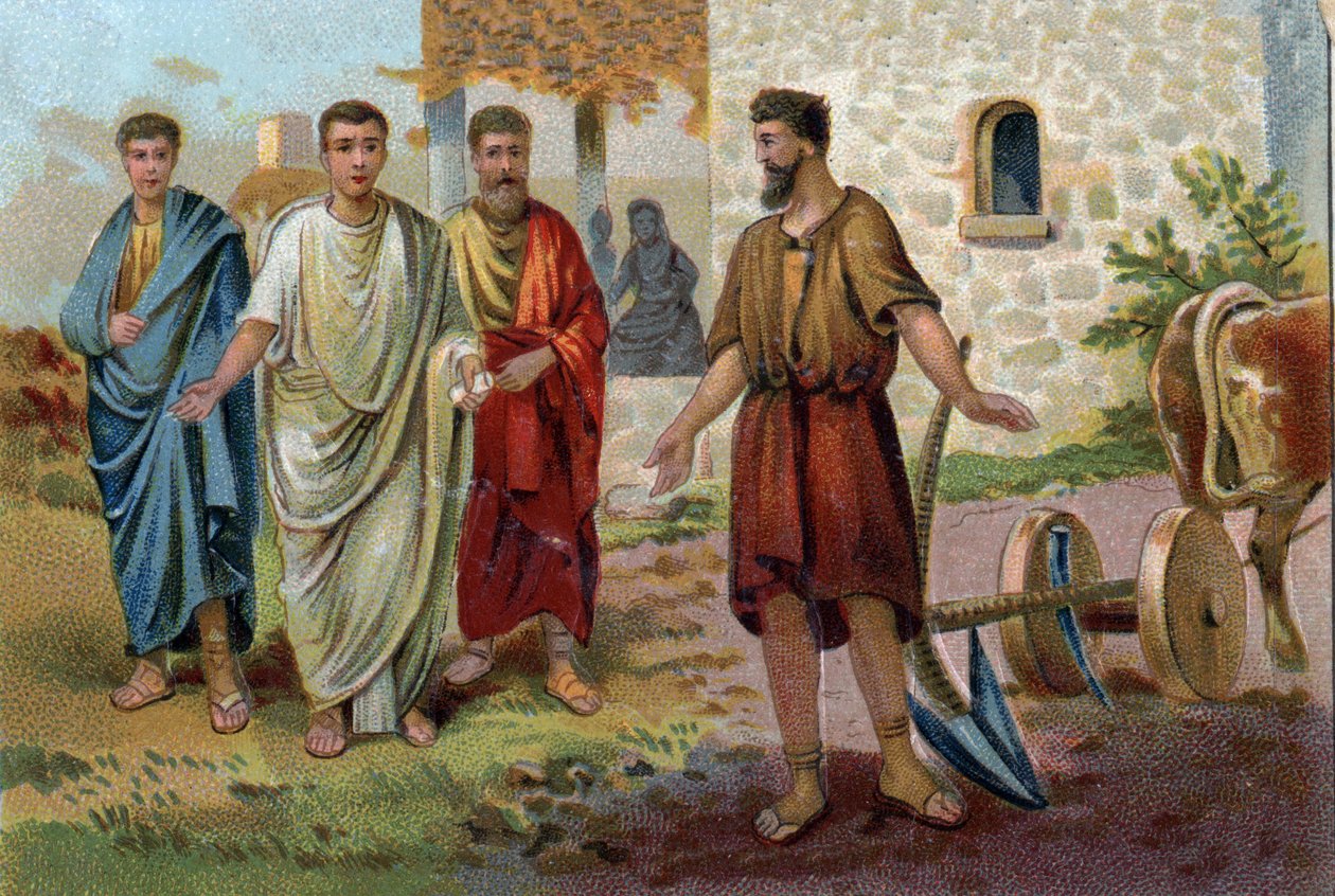 Lucius Quinctius Cincinnatus (ca. 520/ca. 430 v. Chr.), römischer Konsul, bei landwirtschaftlichen Aufgaben, als die Senatoren (Senat des Römischen Reiches) ihn baten, das Oberkommando zu übernehmen und 458 v. Chr. Diktator von Rom zu werden. Chromolithogr von Unknown artist