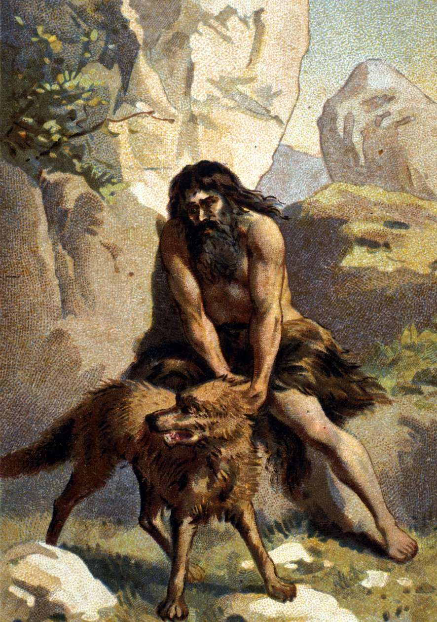 Lykanthropie: Wahnvorstellung desjenigen, der glaubt, in einen Wolf verwandelt zu sein. Chromolithographie des 19. Jahrhunderts von Unknown artist