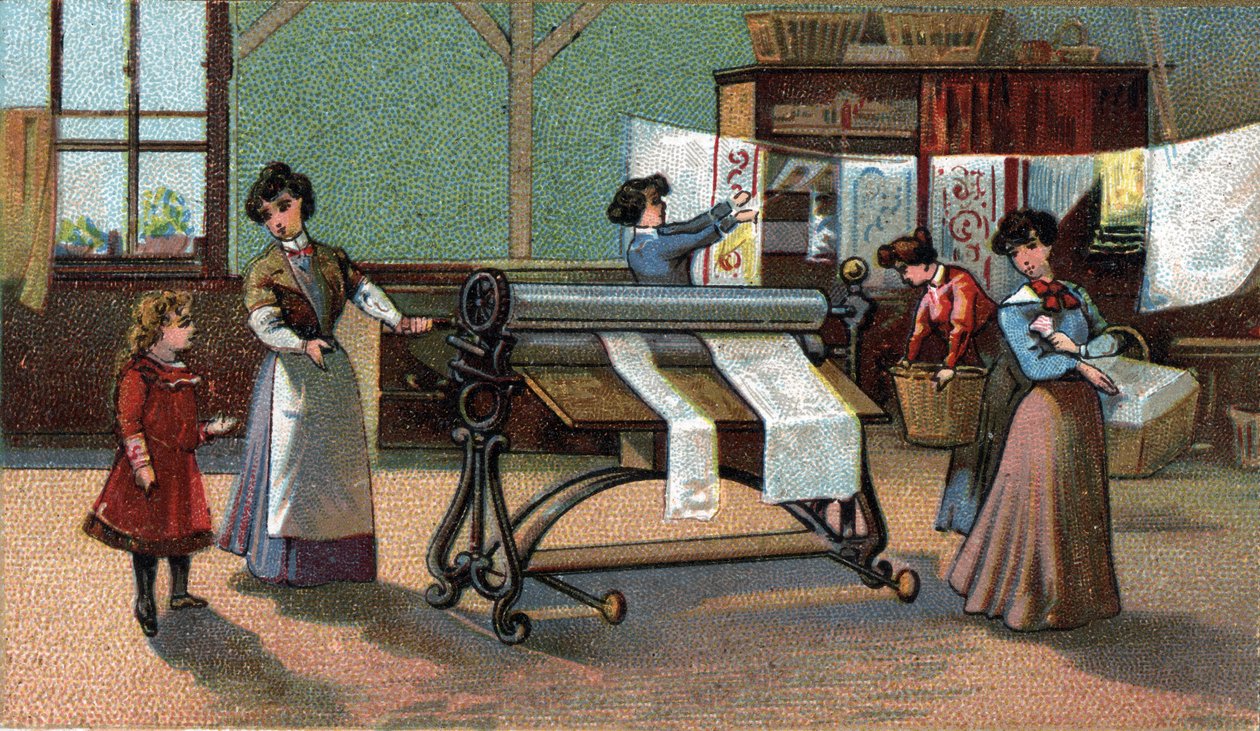 Maschinenbügeln. Chromolithographie aus dem späten 19. Jahrhundert. von Unknown artist