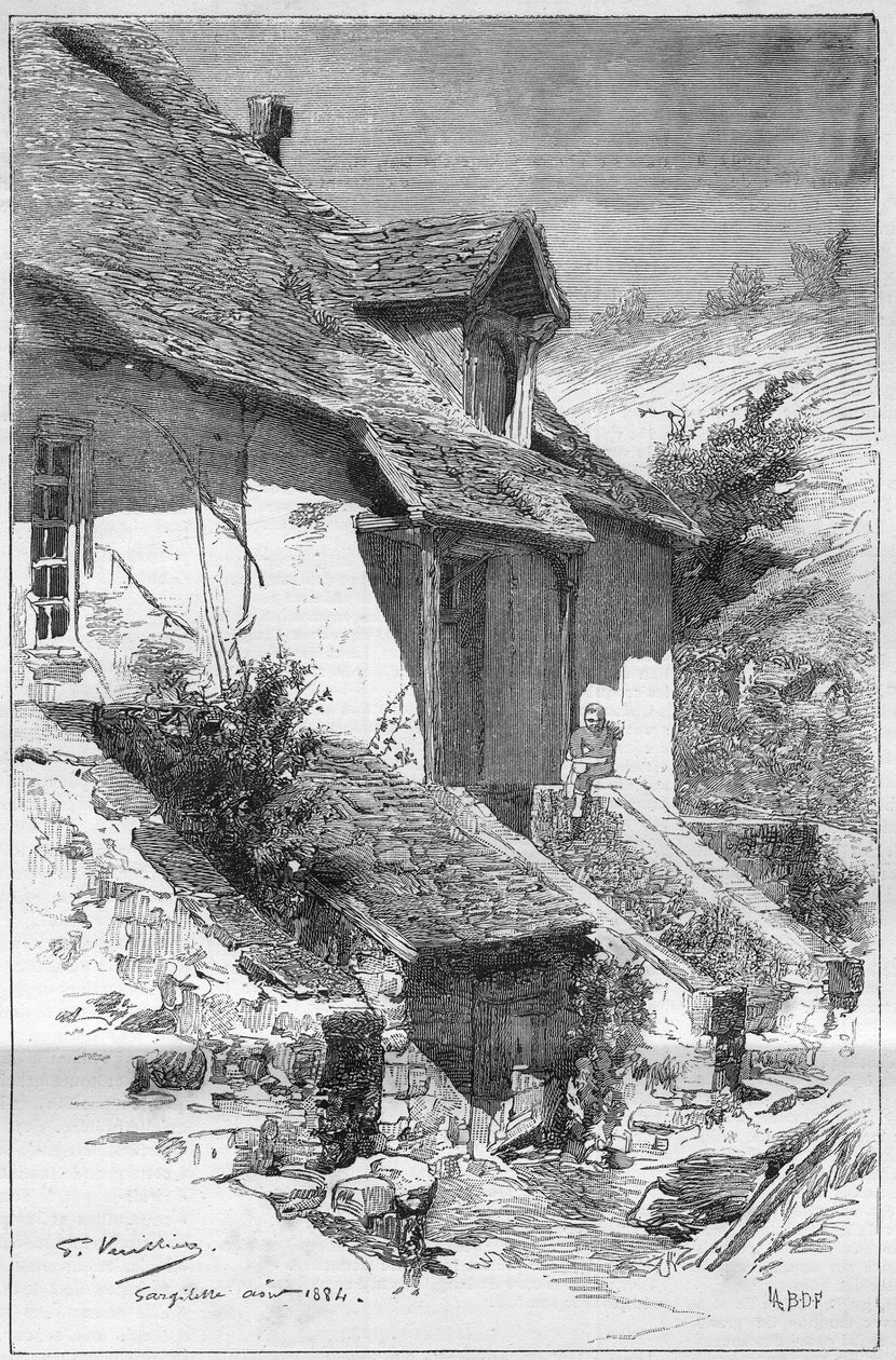 Haus von George Sand (Aurore Dupin, Baronne Dudevant) (1804-1876), französische Schriftstellerin, in Gargilesse (Indre) an den Ufern der Creuse in Frankreich. Gravur in „Le Monde Illustré“ von Unknown artist