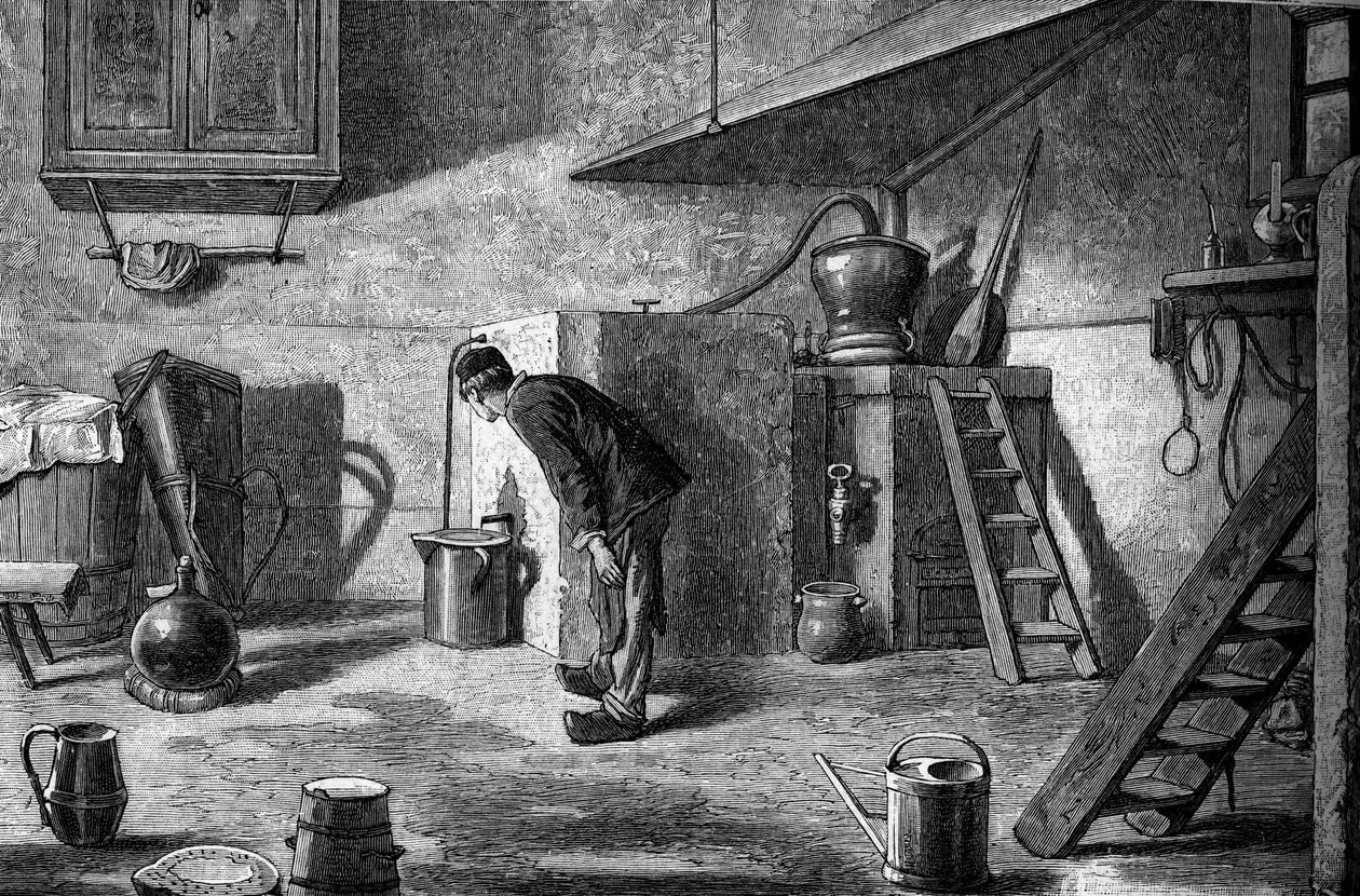 Herstellung von Kirsch: Destillation, Schloss Isenberg im Elsass. Gravur in „Le Journal de la jeunesse“ von Unknown artist