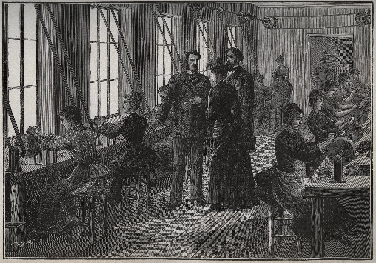 Herstellung von Metallfedern: Schärfwerkstatt in Frankreich im 19. Jahrhundert. Gravur von 1885 in „Les arts et metiers illustres“ von Adolphe BITARD von Unknown artist