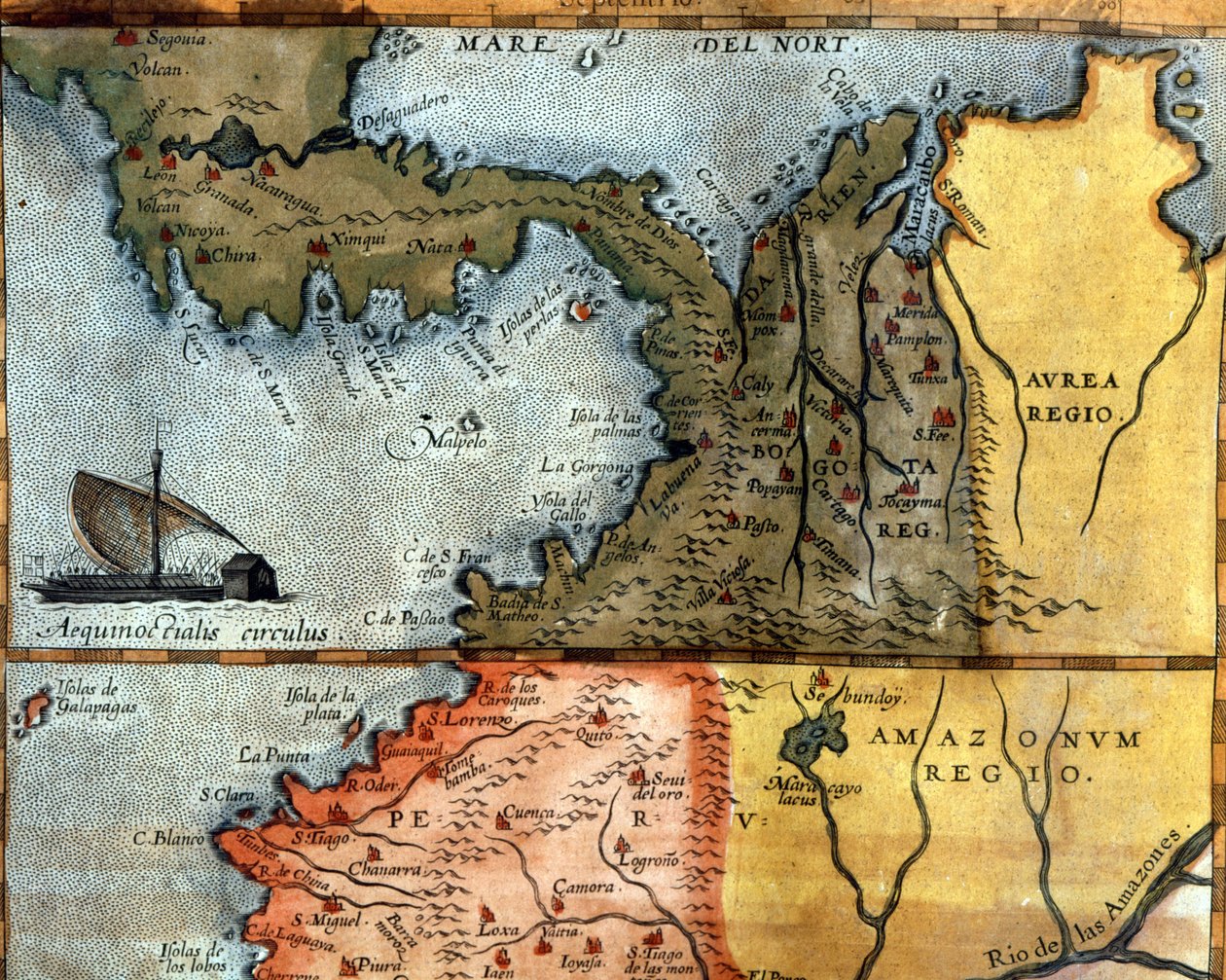 Karte von Mittelamerika im 16. Jahrhundert: Oben zeigt sie die Regionen Peru, Amazonas und Bogota (Panama, Kolumbien und Venezuela) von Unknown artist